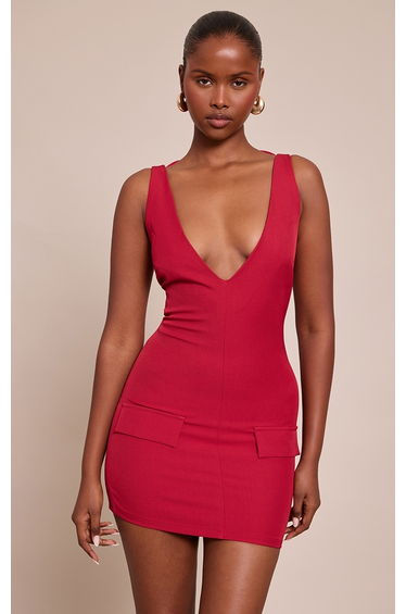 Red Woven V Neck Mini Dress