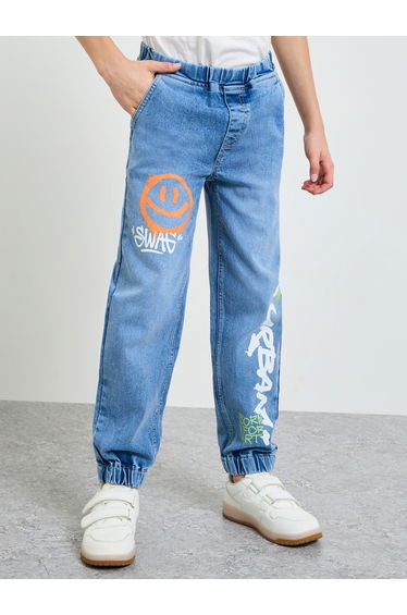 Boys Blue Graphic Print Pull-On Jeans