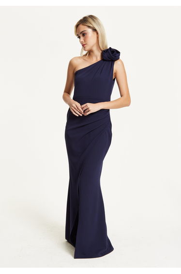 One Shoulder Navy Rose Maxi Dress