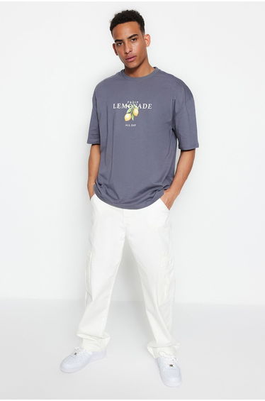 Anthracite Oversize/Wide Cut Crew Neck Short Sleeve Printed T-Shirt
