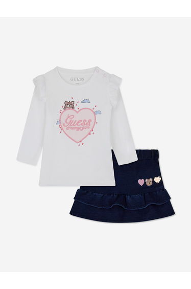 Guess Baby Girls T-Shirt and Denim Knit Skirt Set in White