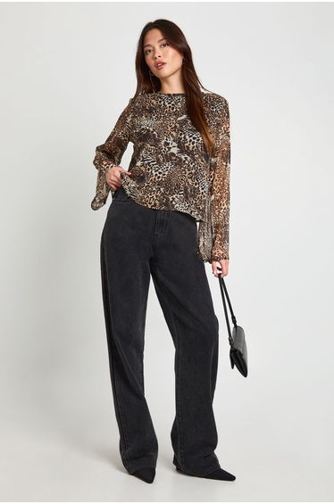 Leopard Chiffon Flare Sleeve Blouse - brown