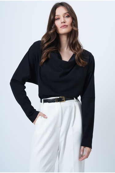 Women's black-1 degaje neck wide cut knitted blouse