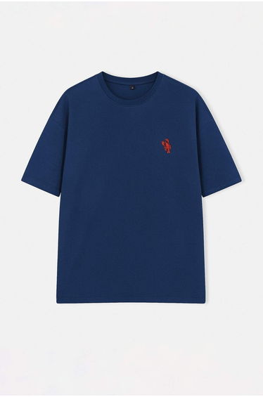 Navy Blue Lobster Embroidered Oversize/Relaxed Cut 100% Cotton T-Shirt