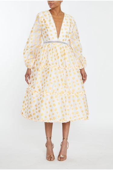 Sunny Cream Mustard Jacquard Tiered Plunge Front Midi Dress