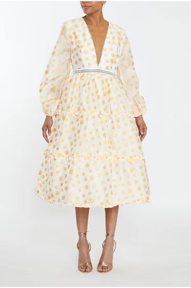 Sunny Cream Mustard Jacquard Tiered Plunge Front Midi Dress
