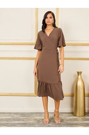 Embellished Yoke Wrap Midi Dress