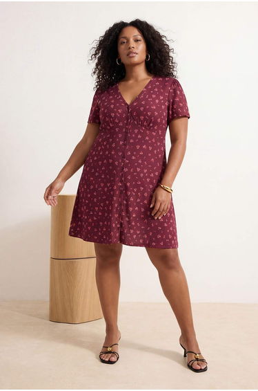 Burgundy Floral Printed Wrinkled V-Neck Knitted Plus Size Dress