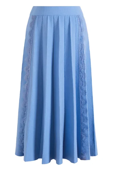 Scalloped Lace Embellished Pleated Knit Skirt in Blue