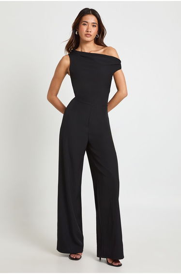Linen Look Asymmetric Neck Line Wide Leg Jumpsuit - black