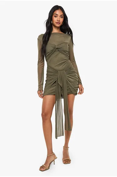 Mesh Ruched Twist Detail Mini Dress - khaki