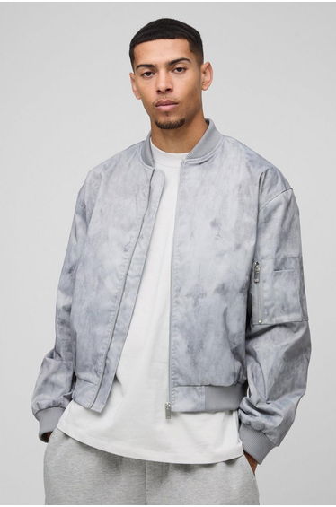 Regular Fit Lightweight Washed Look Nylon Bomber Jacket - grey
