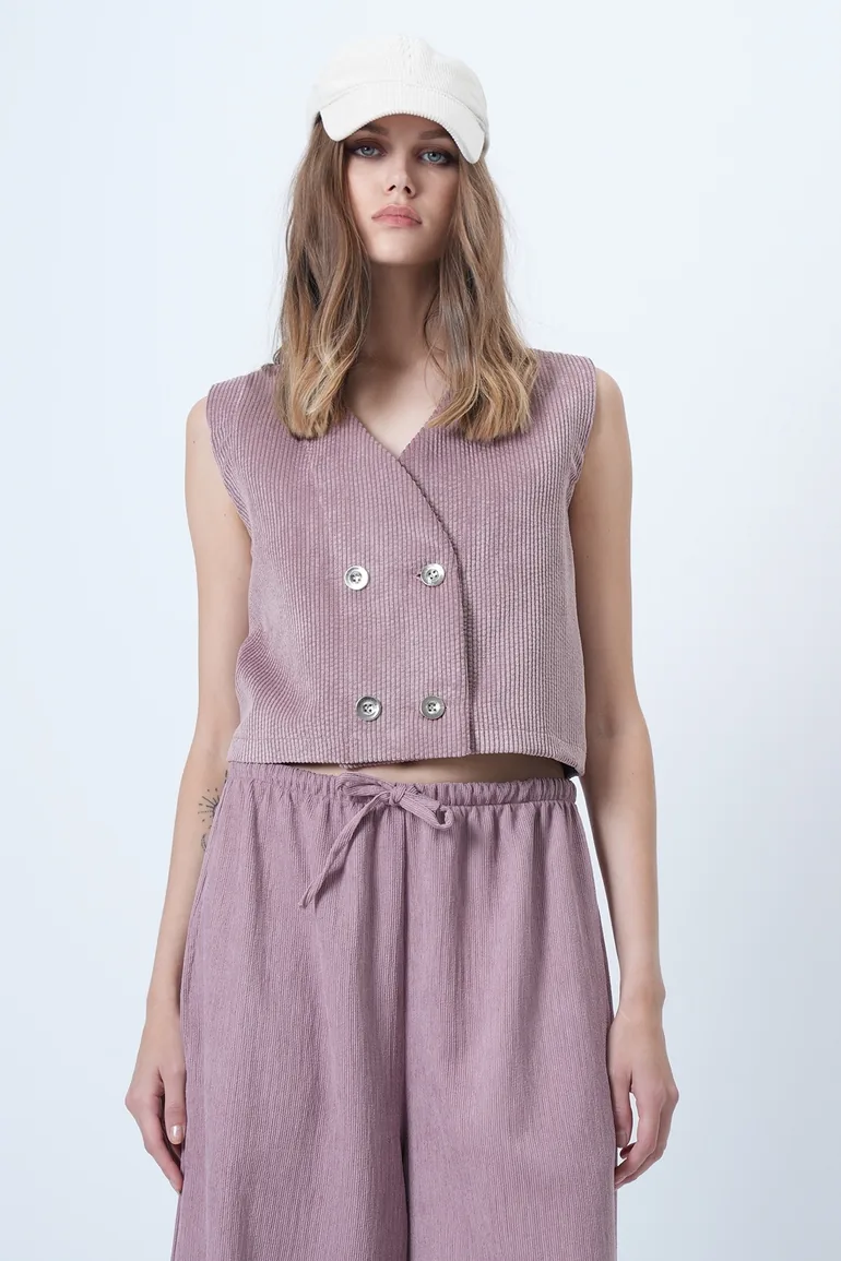 Women's powder pink double-breasted velvet vest with metal buttons