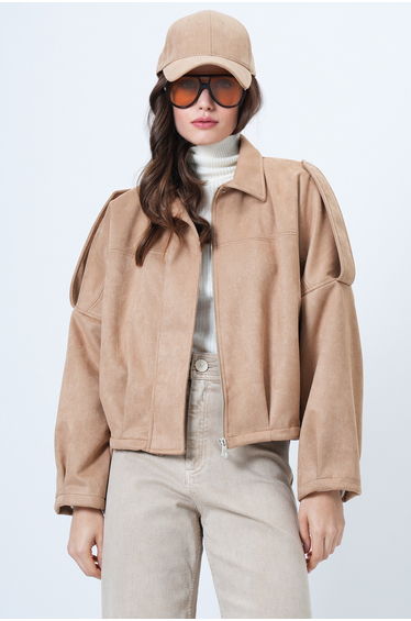 Women's Beige Shoulder Epaulettes Lined Faux Suede Bomber Jacket