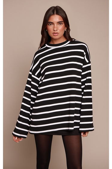 Monochrome Stripe Thick Rib Oversized Slouchy Jumper