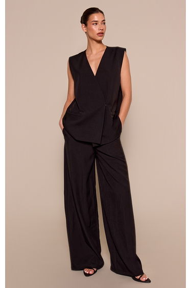 Black Woven Pleated Mid Rise Wide Leg Trouser