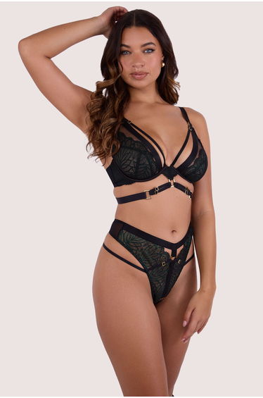 Tabitha Dark Green Wet-Look Lace High Waist Thong