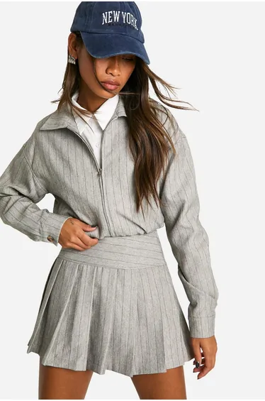 Premium Pinstripe Pleated Micro Mini Skirt - grey