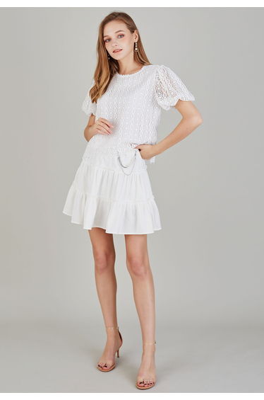 Pearl Chain Ruffle Detail Frilling Skirt in White