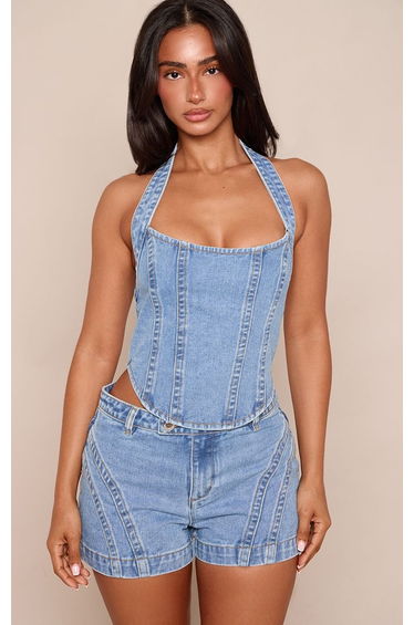 Petite Mid Blue Seam Detail Fitted Denim Halterneck Top