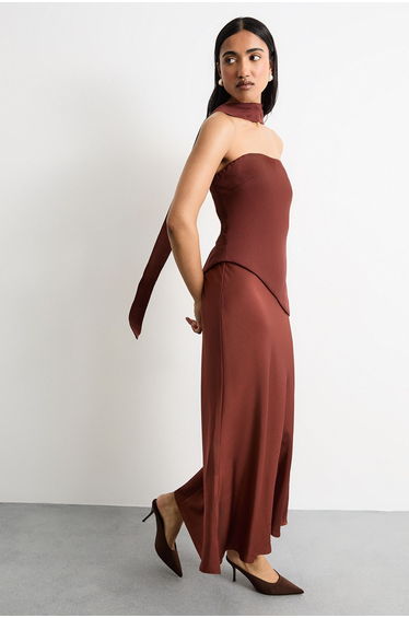 Strapless Structured Bodice Satin Midi Dress