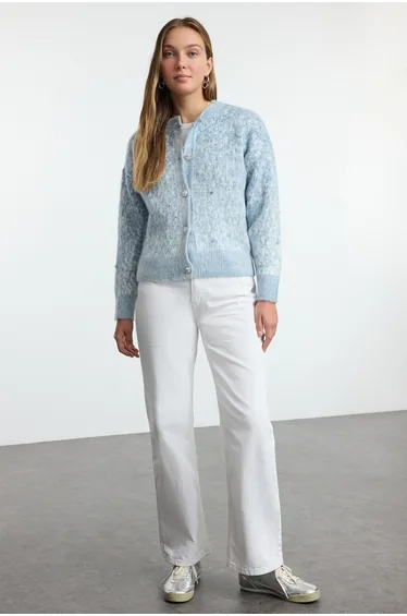 Blue Soft Textured Patterned Knitwear Cardigan