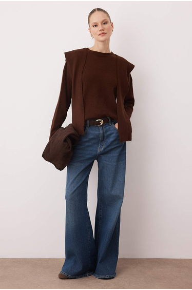 Brown Soft Textured Wide Fit Shawl Knitwear Sweater