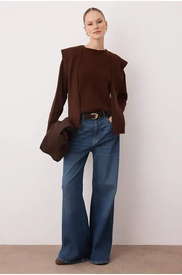 Brown Soft Textured Wide Fit Shawl Knitwear Sweater