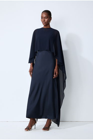 Evening Whispers Blue Georgette Cape & Maxi Dress Set