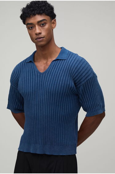 Oversized Boxy Fit Acid Wash Ribbed Knitted Polo - blue