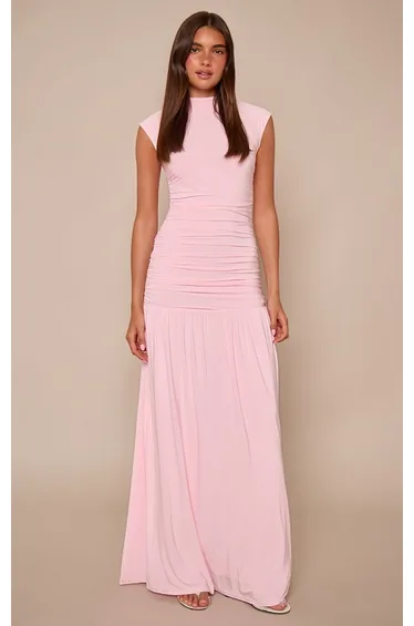 Baby Pink Double Layer Slinky Cap Sleeve Drop Waist Maxi Dress