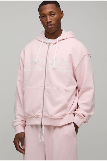 Oversized Boxy Graphic Washed Zip Through Hoodie - pink