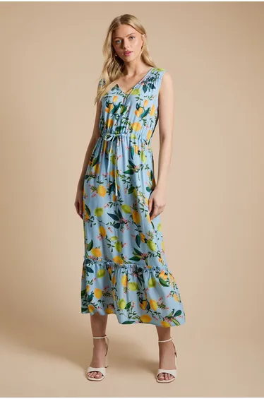 Lemon Sleeveless Drawstring Waist Tiered Maxi Dress
