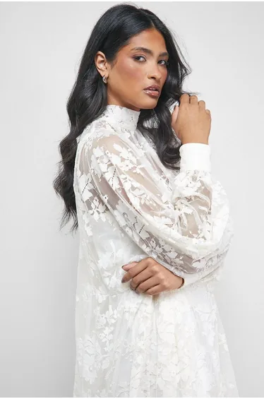 Lace High Neck Smock Midi Dress