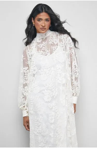 Lace High Neck Smock Midi Dress