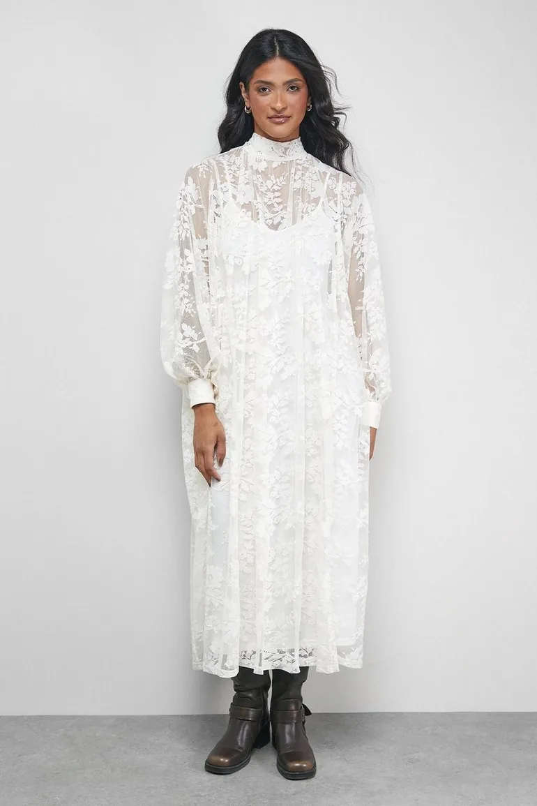 Lace High Neck Smock Midi Dress Warehouse Cream : Day Dresses : VogaCloset  Qatar
