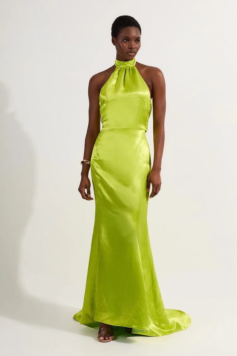 green karen millen dress Karen Millen Halter Neck Twist Crinkle Georgette Cape Woven Maxi Dress in Green