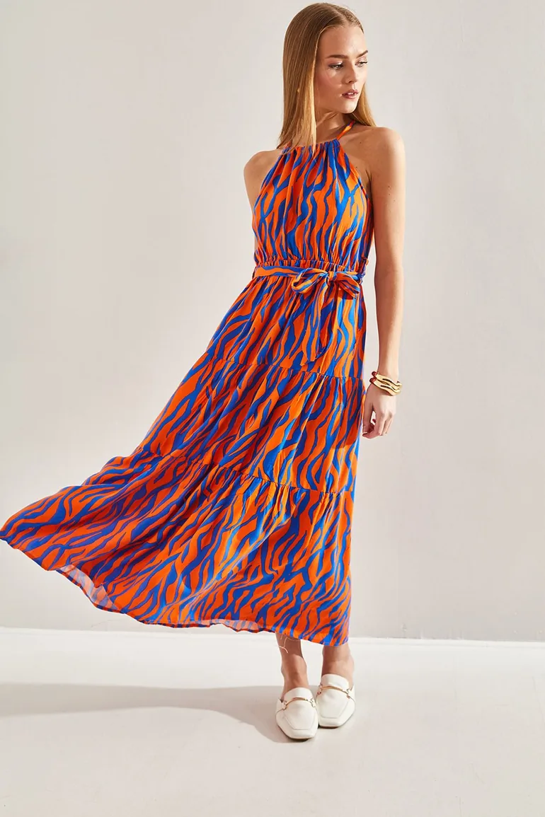 Women's Lined Rope Strap Patterned Flared Viscose Dress Bianco Lucci : Holiday Dresses : VogaCloset Oman Women's Lined Rope Strap Patterned Flared Viscose Dress Bianco Lucci : Holiday Dresses : VogaCloset Oman