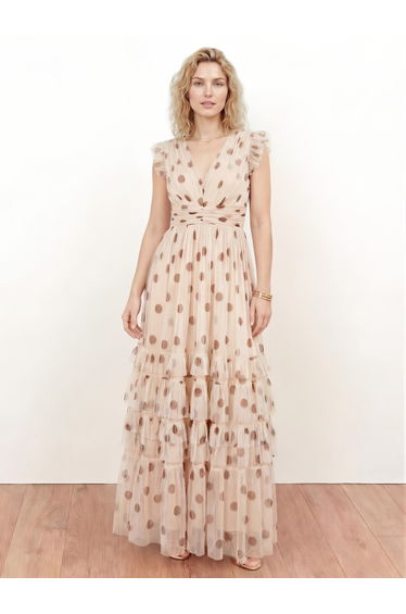 Anaya With Love Recycled Polka Dot Flutter Sleeve Ruffle Maxi Dress