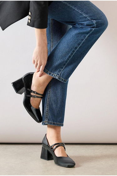 Wide Fit Dawn Faux Patent Leather Double Mary Jane Mid Block Heel Court Shoes