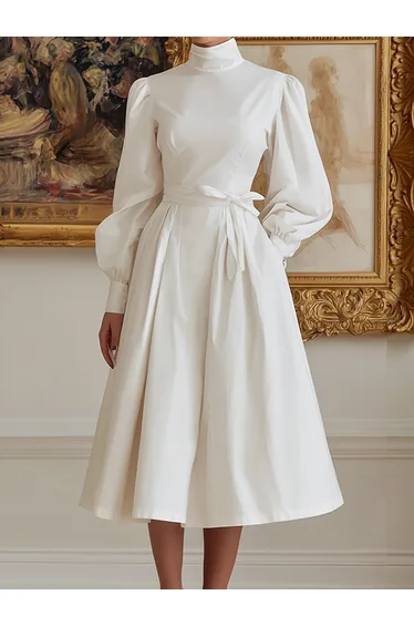 A-Line High Waisted Pleated Pockets Solid Color Tied Waist High Neck Midi Dresses