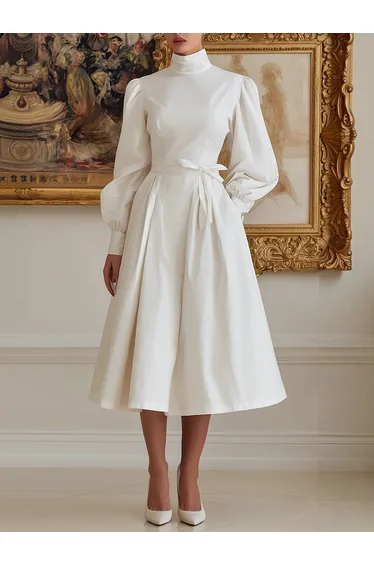 A-Line High Waisted Pleated Pockets Solid Color Tied Waist High Neck Midi Dresses