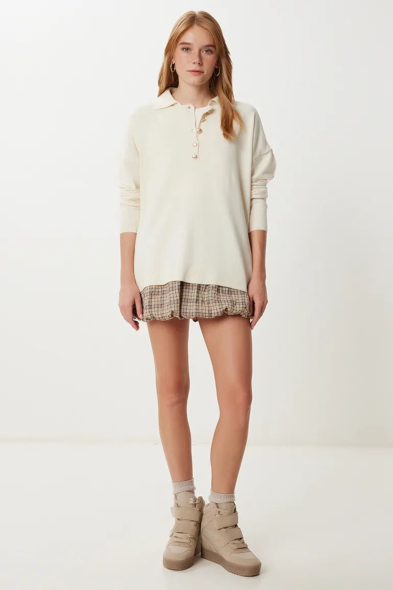 Women's Cream Polo Collar Stylish Buttoned Knitwear Sweater