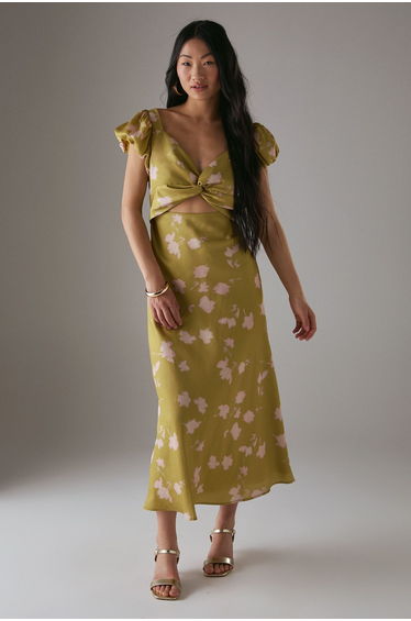 Petite Satin Knot Front Cut Out Midi Dress