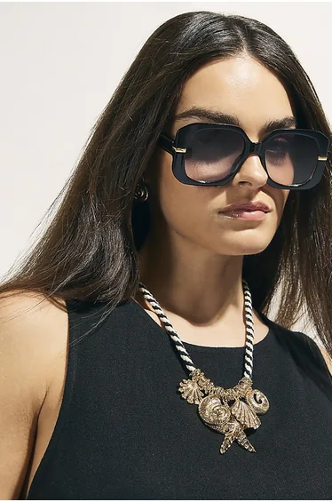 Black Square Metal Trim Detail Sunglasses