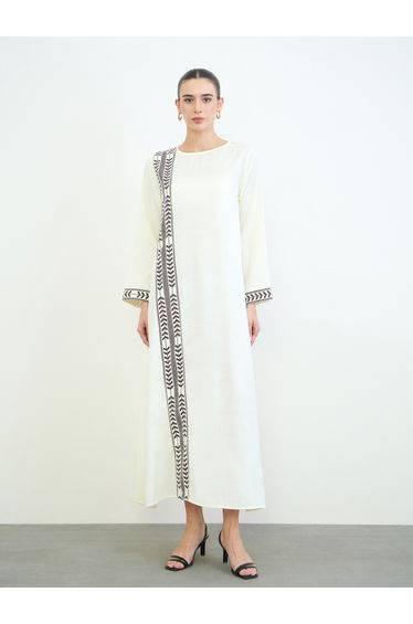 Cream Printed Panel Long Sleeves Jalabiya