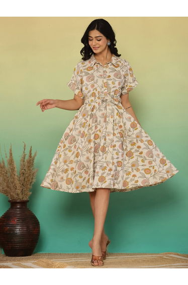 Women Floral Print Cotton Linen Knee-Length Dress