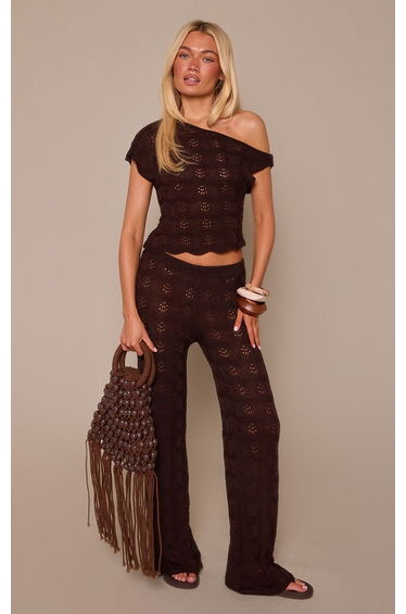 Chocolate Wave Crochet Knit Twist Shoulder Top