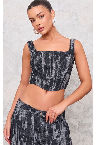 Black Jacquard Style Denim Corset Top