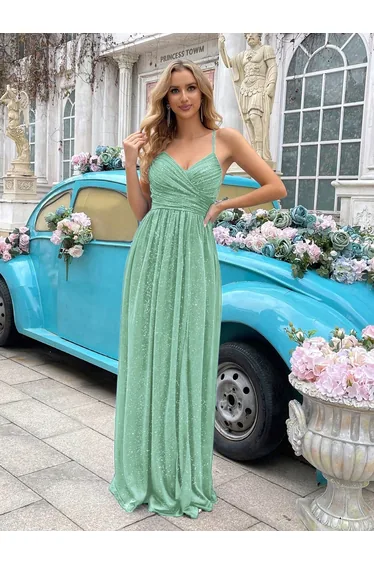 QOQ Green Sequin Ruched Evening Gown